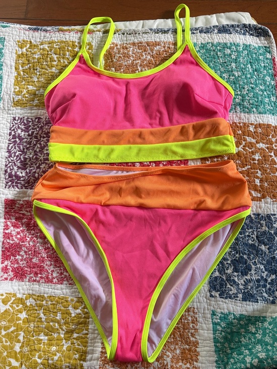 Other - NWOT POPVIL Neon Pink & Orange High-Waist Two-Piece Bikini with Lime Trim